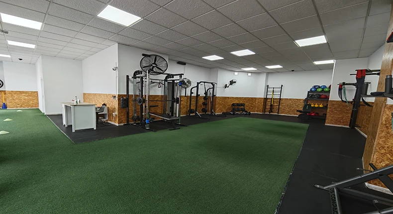 Zona de entrenamiento funcional en el gimnasio Performante, equipada con material de fuerza, trineo y césped artificial